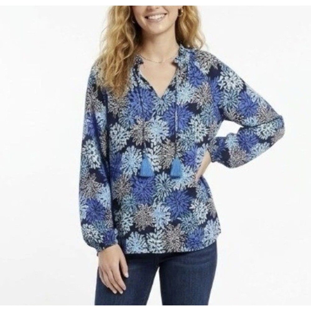 Sail to Sable Blue Floral Tie Front Ultra Soft Flowy Preppy Blouse Large